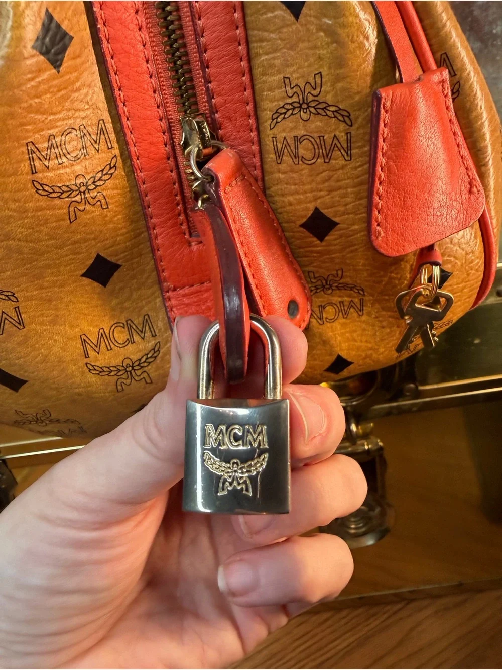 MCM Visetos Cognac Boston Hobo Bowling Bag with Coral Trim and Lock and keys